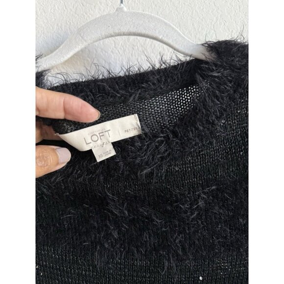 LOFT Women’s PXS Black Wool Blend Long Sleeve Sweater Fuzzy Stripes Pullover - Picture 4 of 11